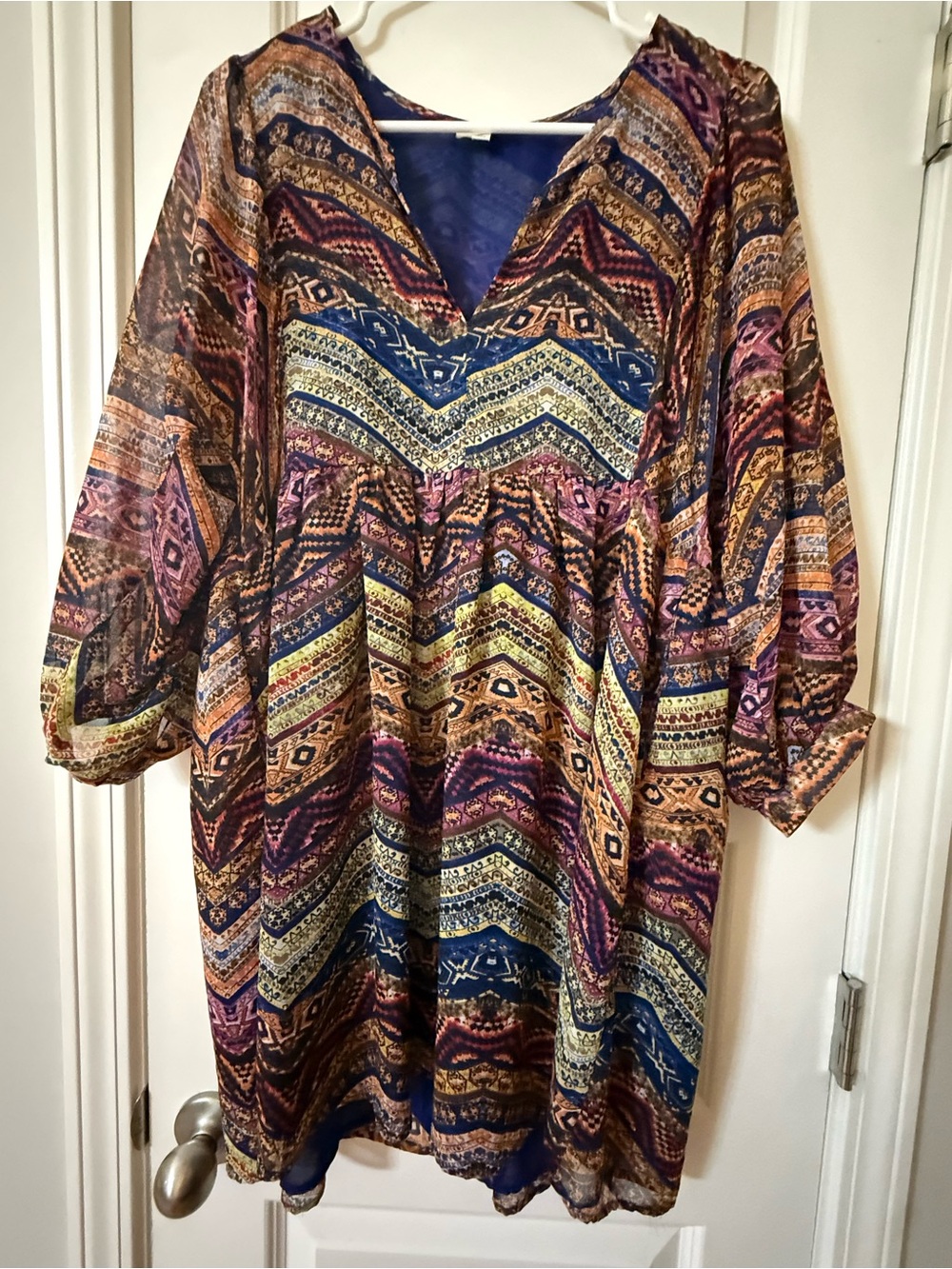 Umgee Boho Mixed Print Babydoll Mini Dress, 3/4 Sleeve, Size Large
